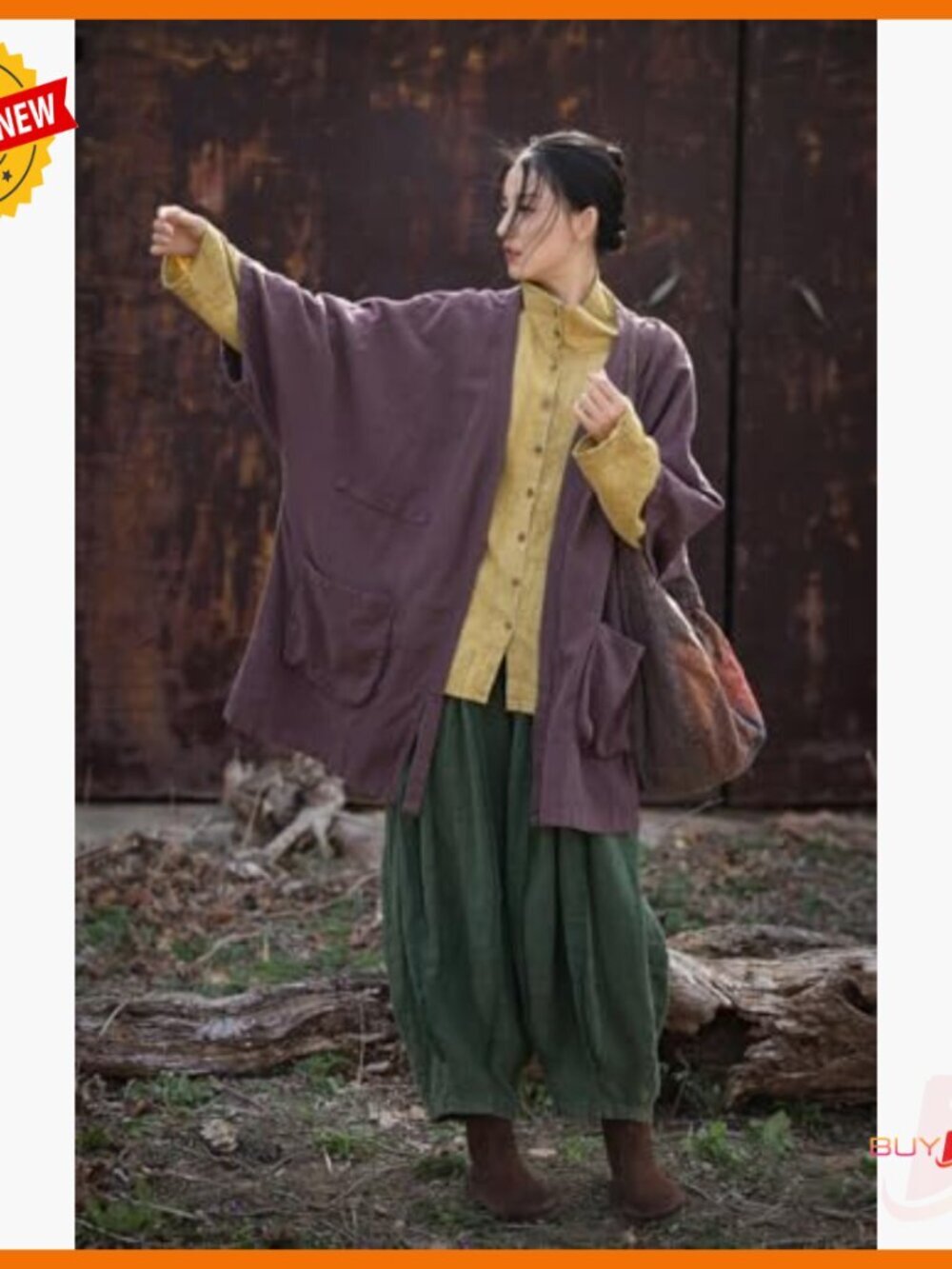 Loose Fit Ramie Cardigan Jacket with Pockets, Kimono Sleeve, Casual Outerwear - Picture 3 of 7